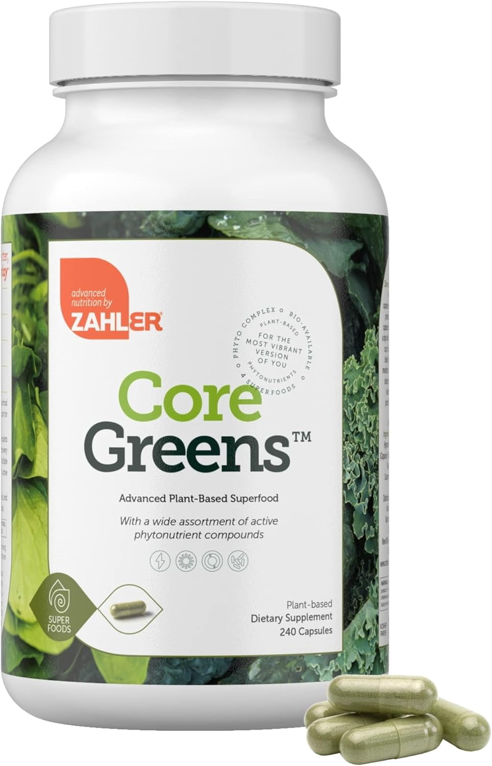 Zahler Core Greens Superfood Capsules - Superfoods Nutrition Supplement - Super Green Whole Food Vegetable, Fruits & VItamins - Kosher Antioxidant Rich Super Greens with Spirulina, Chlorophyll (240)