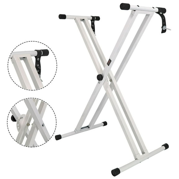 Piano Keyboard Stand Double X Style Heavy Duty Adjustable Digital Electric Piano Riser Durable & Sturdy Music Synthesizer Holder Stands For 61 76 88 Keys w Secure Locking Strap - KS 2X White