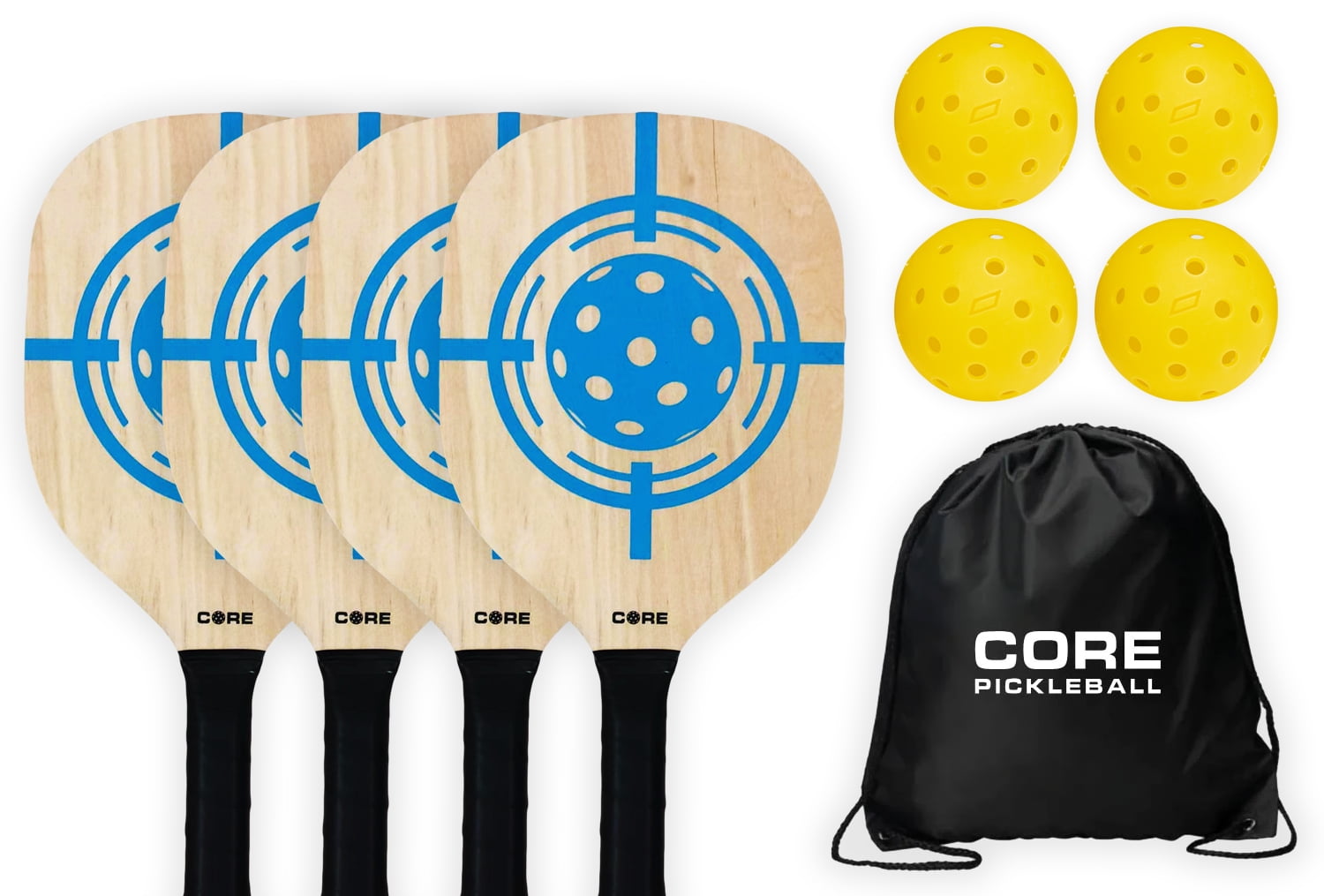 CORE Pickleball Wood Pickleball Set with 4 Wooden Paddles, 4 Outdoor