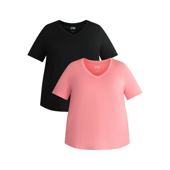 Terra & Sky Women's Plus Size V-Neck Tee with Short Sleeves, 2-Pack, Sizes 0X-5X