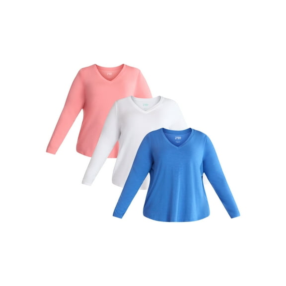 (3 Pack) Terra & Sky Women's Plus Size V-Neck Tee with Long Sleeves, Sizes 0X-5X
