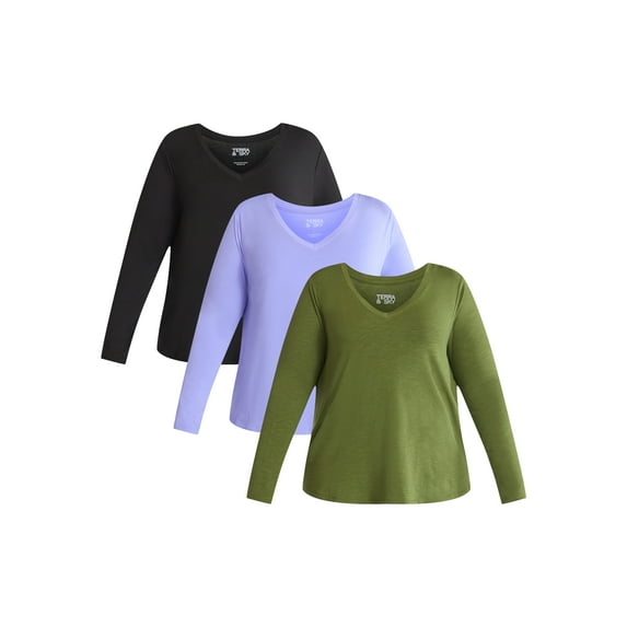 (3 Pack) Terra & Sky Women's Plus Size V-Neck Tee with Long Sleeves, Sizes 0X-5X