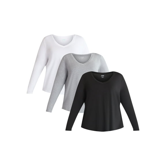 (3 Pack) Terra & Sky Women's Plus Size V-Neck Tee with Long Sleeves, Sizes 0X-5X