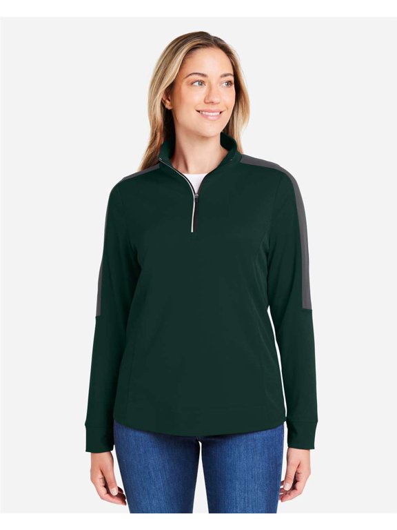 CORE365 CE404W Women's Market Snag Protect Mesh Colorblock Quarter-Zip Pullover-FOREST/ CARBON-S