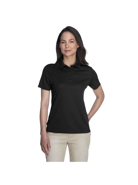 CORE365 Women's Performance Piqué Polo Shirts 100% Polyester Flat-Knit Collard Plain Tee Shirt (Black, XS)
