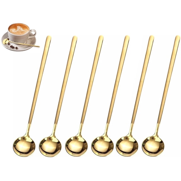 COREBAY 6-Piece Stainless Steel Long Handle Mixing Spoons, 6.7 Inches, Gold Color, Espresso Machine Utensils, Ideal for Coffee, Tea, Iced Tea, Espresso, Smoothies, Smoothie Bowls & DIY Desserts.