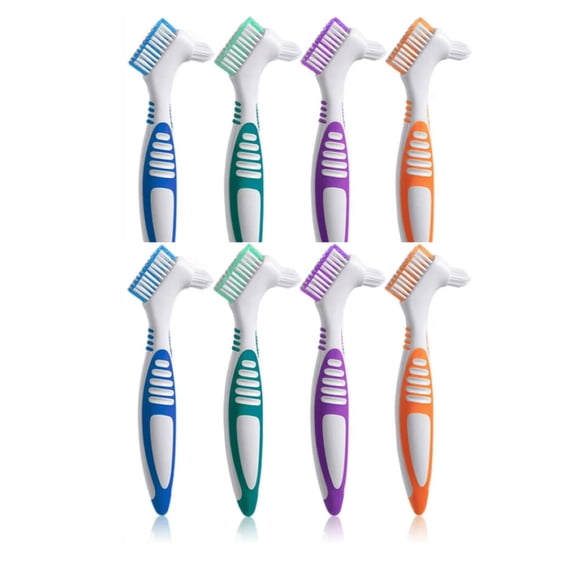 COREBAY 8-Pack Denture Brush Set, Double-Sided Multi-Layer Bristles with Rubber Grip (Colors: Purple, Green, Blue, Orange - 2 of Each)