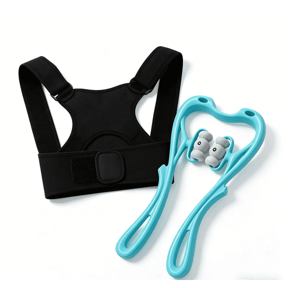 COREBAY Posture Corrector and Massager Set Adjustable Copper Infused Back Brace with 6-Ball Deep Tissue Roller for Neck, Shoulder, Back, Leg, Waist Pain Relief