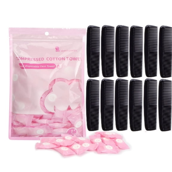 COREBAY Travel Kit with 12 Pocket Plastic Combs and 100 Compressed Towels Disposable Portable Face Towel and Fine Tooth Comb for Camping Outdoor