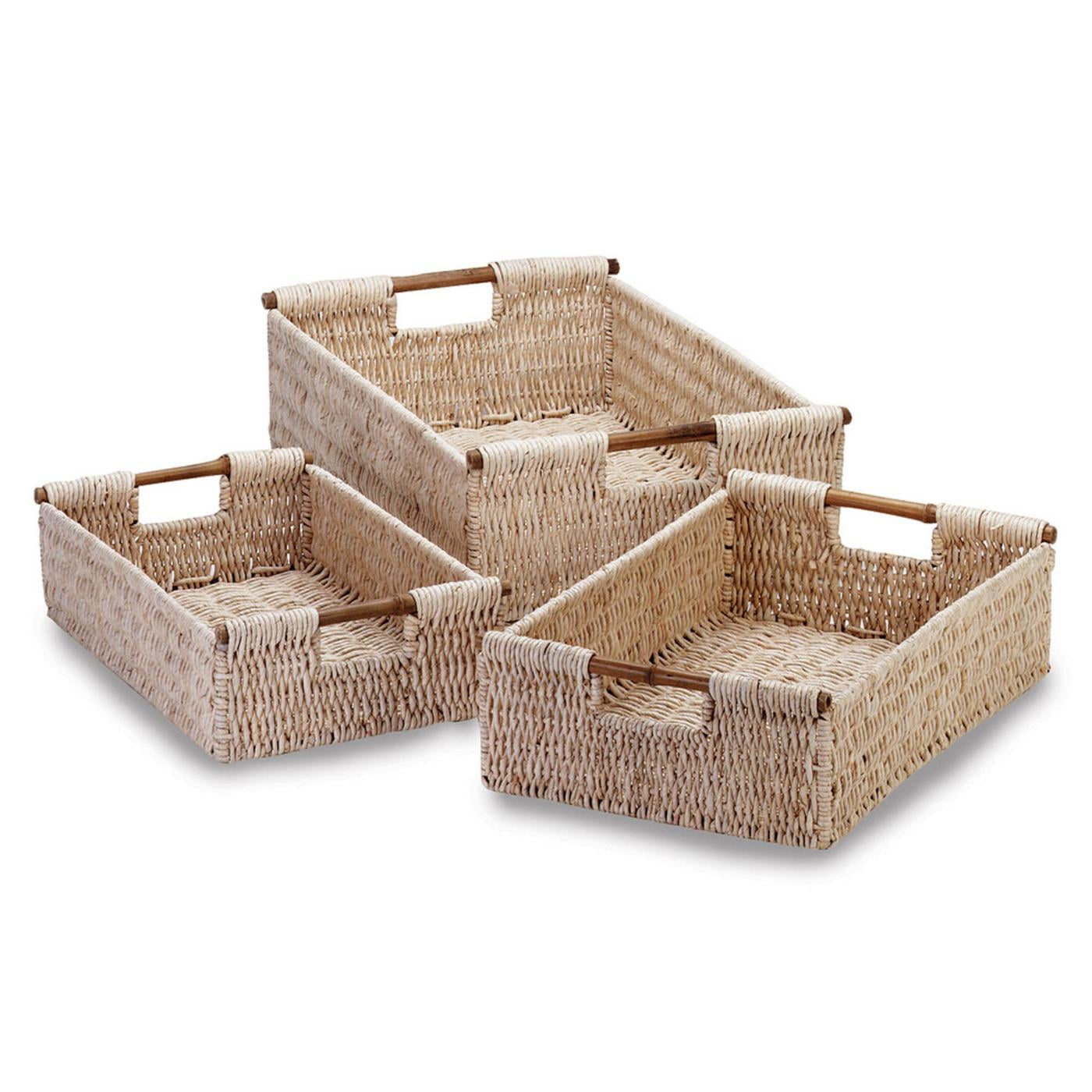 Natural Corn Husk Rectangular Nesting Baskets with Bamboo Handles