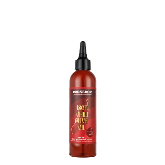 CORNEDOR Isot Chili Olive Oil-Mild Heat | 250 ml Squeezable Bottle | Urfa Isot & Pul Biber Infused Virgin Olive Oil | Soft Smoky Flavour & Gentle Warmth | Drizzle for Salads, Pizza, Meat, Marinades