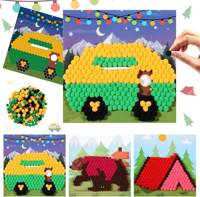 CORNER LACE Camping Theme DIY Pom Pom Art Set for Kids Age 3-6 Years Old 3 Pieces - Fun Arts and Crafts, Sensory Activity Creativity Birthday Christmas Gift Includes 3 Patterns