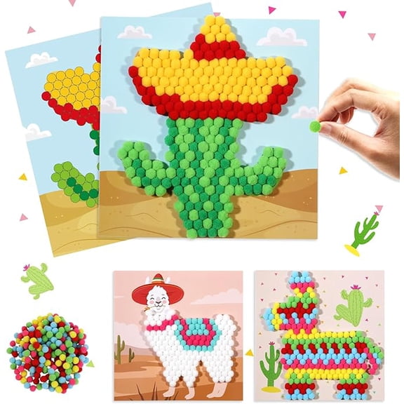 CORNER LACE Fiesta Theme DIY Pom Pom Art Set for Kids Age 3-6 Years Old 3 Pieces - Fun Arts and Crafts, Sensory Activity Creativity Birthday Christmas Gift Includes 3 Patterns
