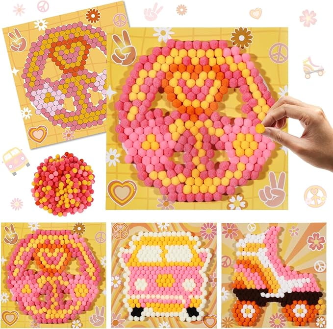 CORNER LACE Groovy Theme DIY Pom Pom Art Set for Kids Age 3-6 Years Old 3 Pieces - Fun Arts and Crafts, Sensory Activity Creativity Birthday Christmas Gift Includes 3 Patterns
