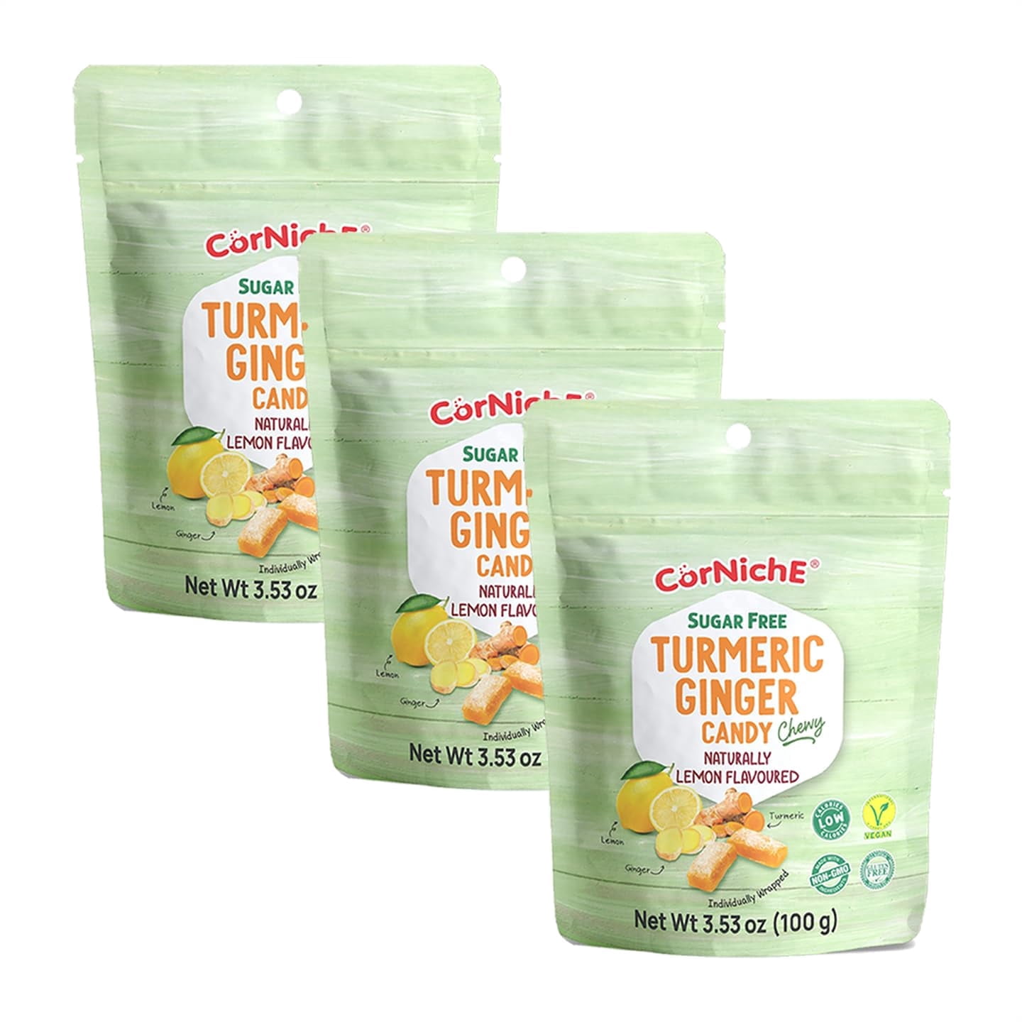 CORNICHE Sugar Free, Turmeric Ginger Candy Chewy Naturally Flavored, Ginger Sugar Free, Individually Wrapped Candy, NON-GMO, Low Calories, Vegan, Gluten Free (Pack of 6, Lemon)