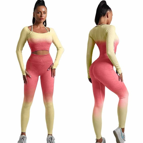 CORPOAMOR Women's Fitness Clothing Gym Outfit and Yoga Workout Set Crop Top and High Waisted Leggings Ombre Gradient 2 Piece Set (Orange/Yellow, Large)