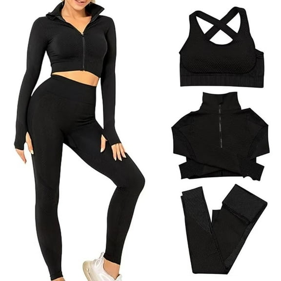 CORPOAMOR Women's Ribbed Seamless Fitness Clothing, Gym Outfit and Yoga Workout Set Jacket, Sports Bra and High Waisted Leggings 3 Piece Set (Black, Small)