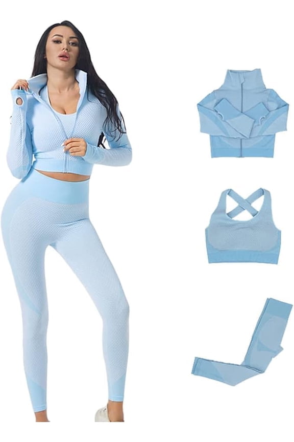 Women's Ribbed Seamless Fitness Clothing, Gym Outfit and Yoga Workout Set Jacket, Sports Bra and High Waisted Leggings 3 Piece Set (Blue, Large)