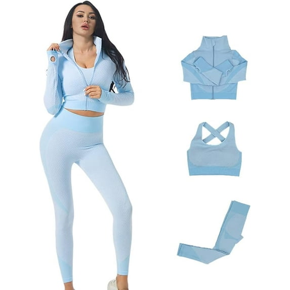 CORPOAMOR Women's Ribbed Seamless Fitness Clothing, Gym Outfit and Yoga Workout Set Jacket, Sports Bra and High Waisted Leggings 3 Piece Set (Blue, X-Small)
