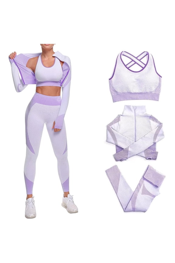 Women's Ribbed Seamless Fitness Clothing, Gym Outfit and Yoga Workout Set Jacket, Sports Bra and High Waisted Leggings 3 Piece Set (Purple, Large)