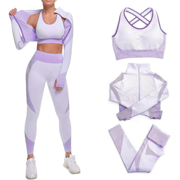 CORPOAMOR Women's Ribbed Seamless Fitness Clothing, Gym Outfit and Yoga Workout Set Jacket, Sports Bra and High Waisted Leggings 3 Piece Set (Purple, Small)