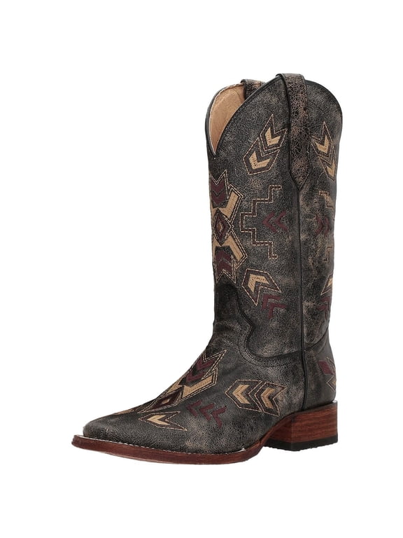 CORRAL Adult Female Distressed Arrowhead Wide Sq. Toe Boots, Color: Black/Bone, Size: 9.5, Width: M
