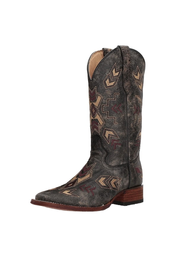 CORRAL Adult Female Distressed Arrowhead Wide Sq. Toe Boots, Color: Black/Bone, Size: 9, Width: M