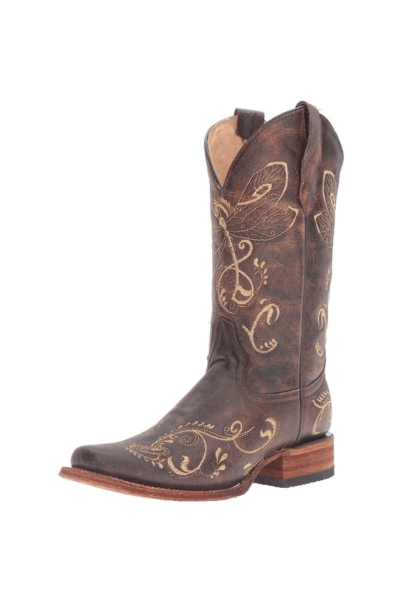 CORRAL Adult Female Distressed Brown-Bone Dragonfly Embroidery Boots, Size: 8.5, Width: M