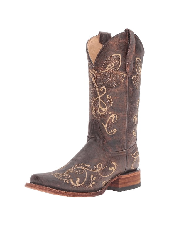 CORRAL Adult Female Distressed Brown-Bone Dragonfly Embroidery Boots, Size: 9.5, Width: M