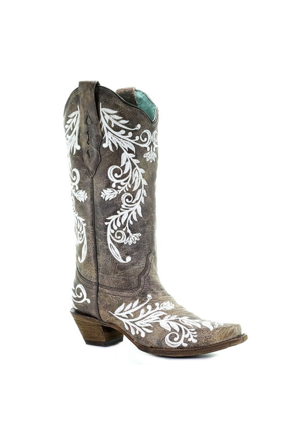 CORRAL Adult Female Embroidery Glow Collection Brown/White Boots, Size: 7, Width: M