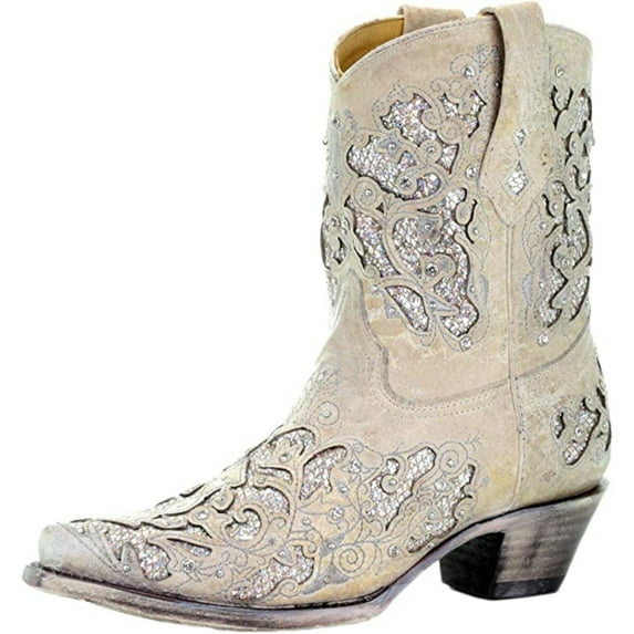 CORRAL Adult Female Glitter Inlay and Crystals Ankle Boots, Color: White, Size: 7.5, Width: M