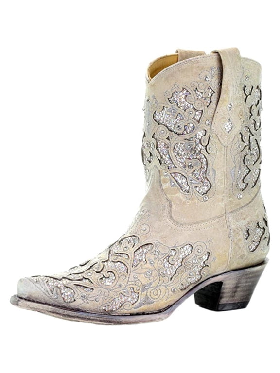 CORRAL Adult Female Glitter Inlay and Crystals Ankle Boots, Color: White, Size: 8.5, Width: M
