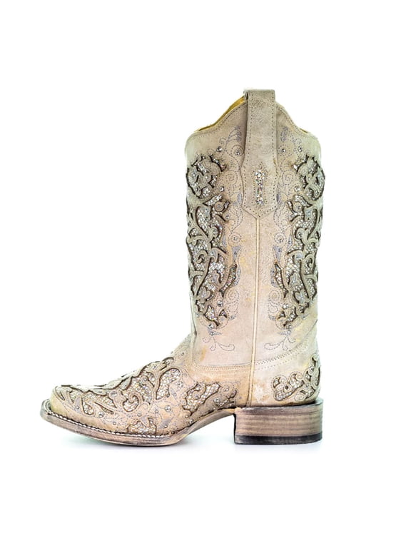 CORRAL Adult Female Glitter Inlay and Crystals Square Toe Boots, Color: White, Size: 10.5, Width: M