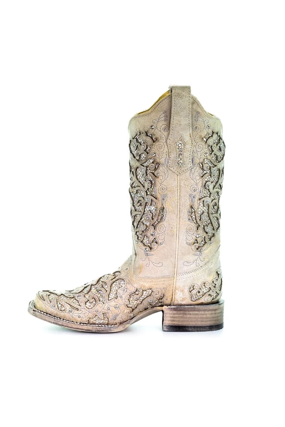 CORRAL Adult Female Glitter Inlay and Crystals Square Toe Boots, Color: White, Size: 10.5, Width: M