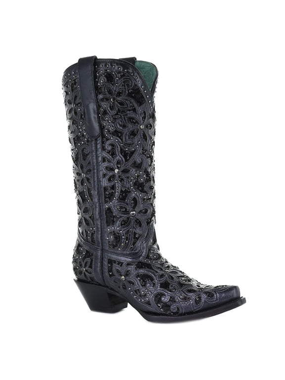 CORRAL Adult Female Inlay Embroidery & Studs Black Boots, Size: 8, Width: M