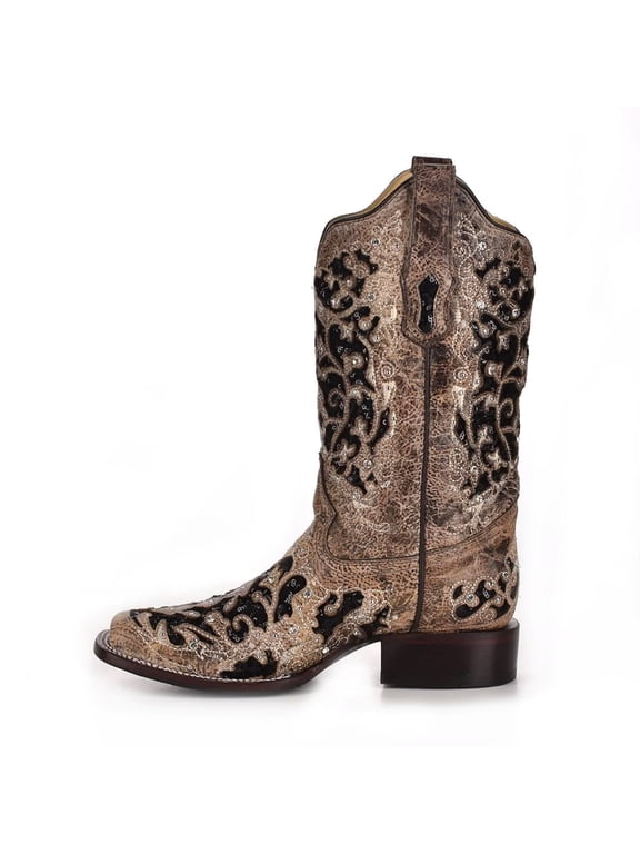 CORRAL Adult Female Inlay Flowered Embroidery with Studs and Crystals Square Toe Boots, Color: Brown, Size: 10, Width: M