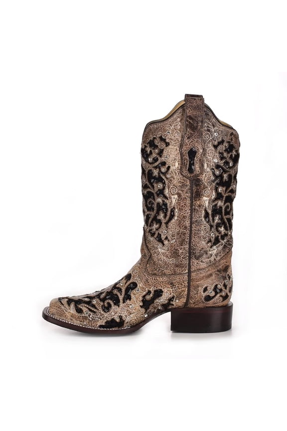 CORRAL Adult Female Inlay Flowered Embroidery with Studs and Crystals Square Toe Boots, Color: Brown, Size: 8.5, Width: M