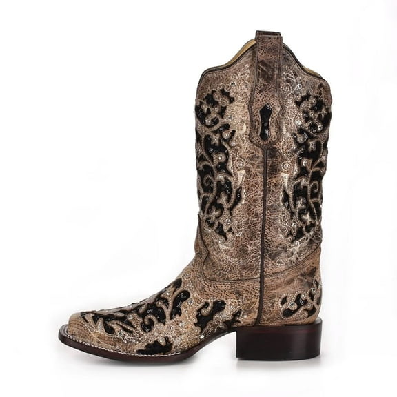 CORRAL Adult Female Inlay Flowered Embroidery with Studs and Crystals Square Toe Boots, Color: Brown, Size: 8.5, Width: M