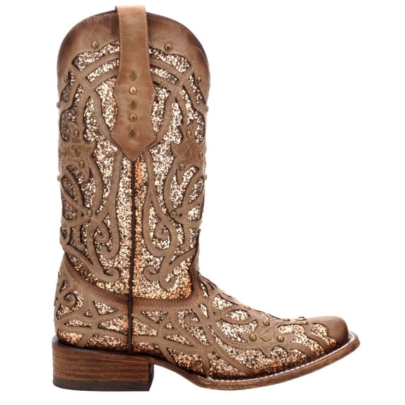 Corral Boots Womens Glitter Tooled Inlay Square Toe Cowboy Tall Boots