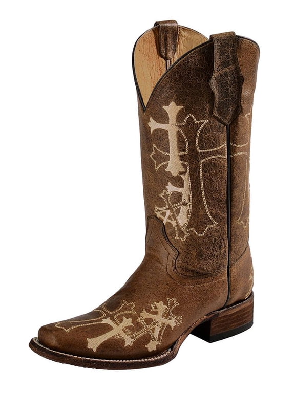 CORRAL Adult Female Side Cross Embroidery Square Toe Boots, Color: Brown/Beige, Size: 9, Width: M