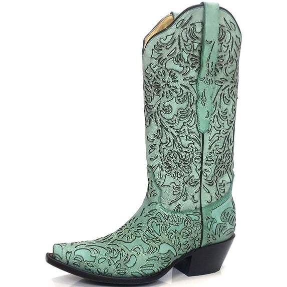 CORRAL G1387 Turquoise Embroidered Laser Cut Snip Toe Boots (7.5 M US)