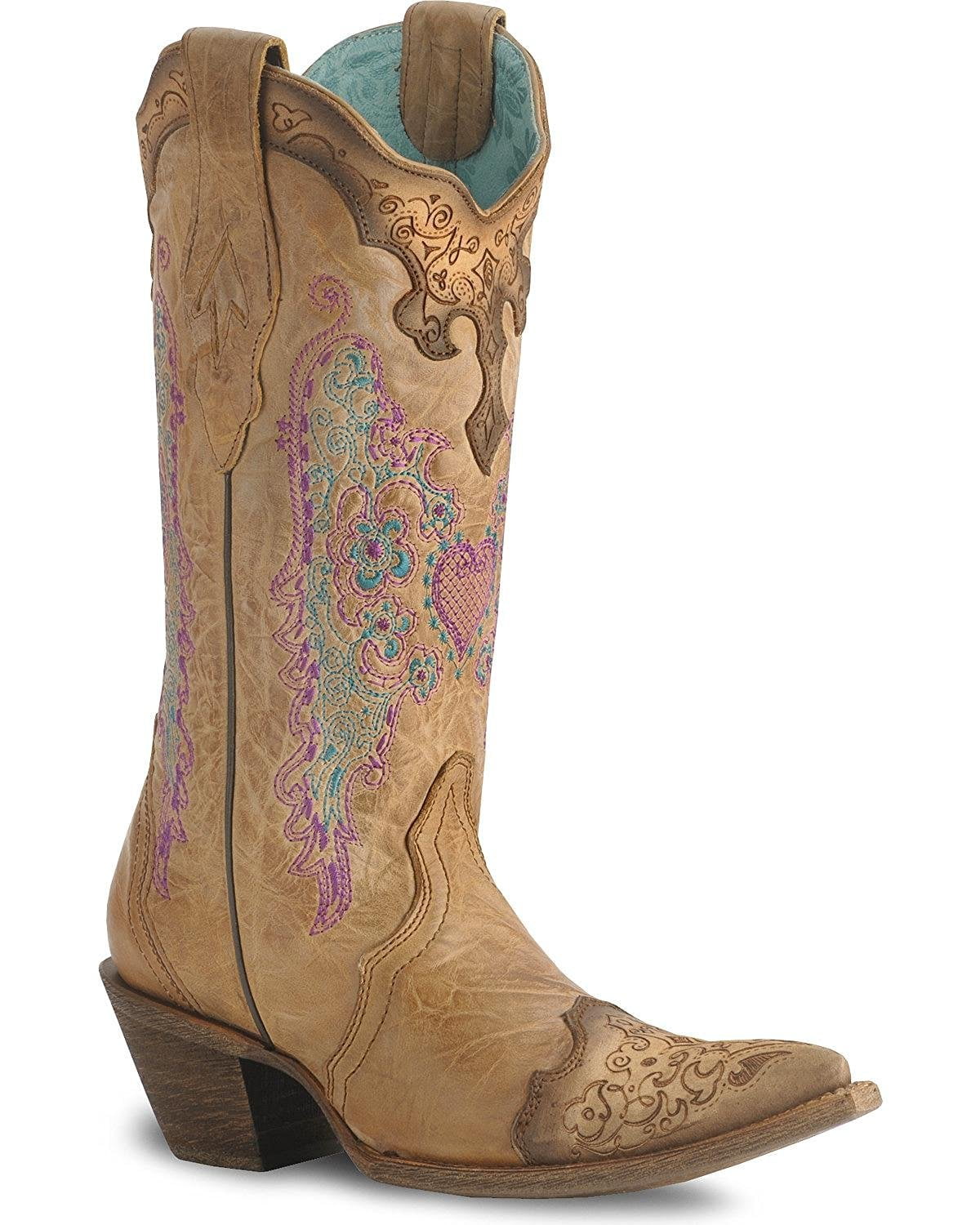 CORRAL Women s Lace and Heart Embroidery Cowgirl Boot Pointed Toe Sand 9.5 M US