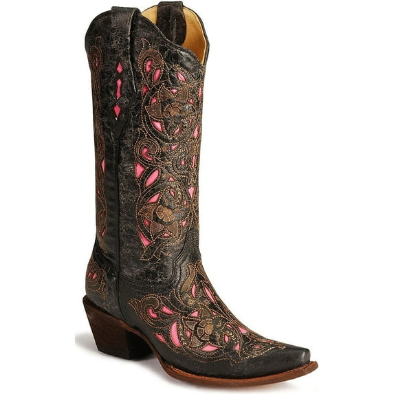 CORRAL Women's Laser Inlay Cowboy Boot Snip Toe Black 5.5 M US