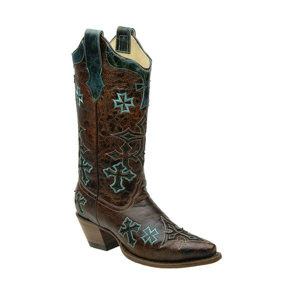 CORRAL Women's Whiskey/Turquoise Three Cross Vamp and Tube Snip Toe Cowgirl Boots R1019 (10.5 B(M) US)