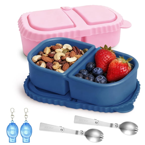 COSANO 2/4 Pack Reusable Silicone Snack Containers With Lids, Two Compartment Snack Container, Snack Containers With Lids, Leakproof Snackle Boxes For Travel