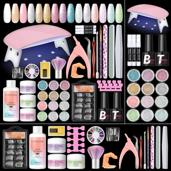 COSCELIA Acrylic Nail Kit with u v Light for Beginners 12PC Glitter Decorations Powders Nail Set Kit Nail Art Professional DIY Gift for Women