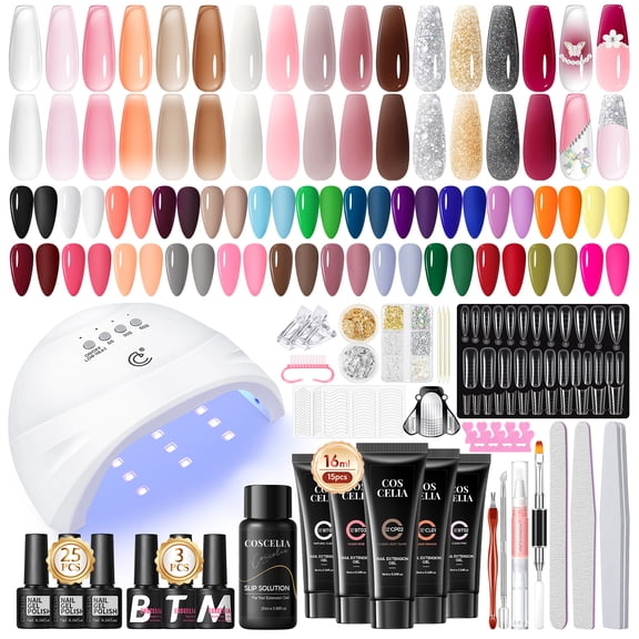 COSCELIA Gel Nail Polish Kit with U V Light, 25pcs Gel Polish and 15 Colors Poly Extension Gels for Beginners with Everything Glitter Decorations French Manicure Gifts for Women