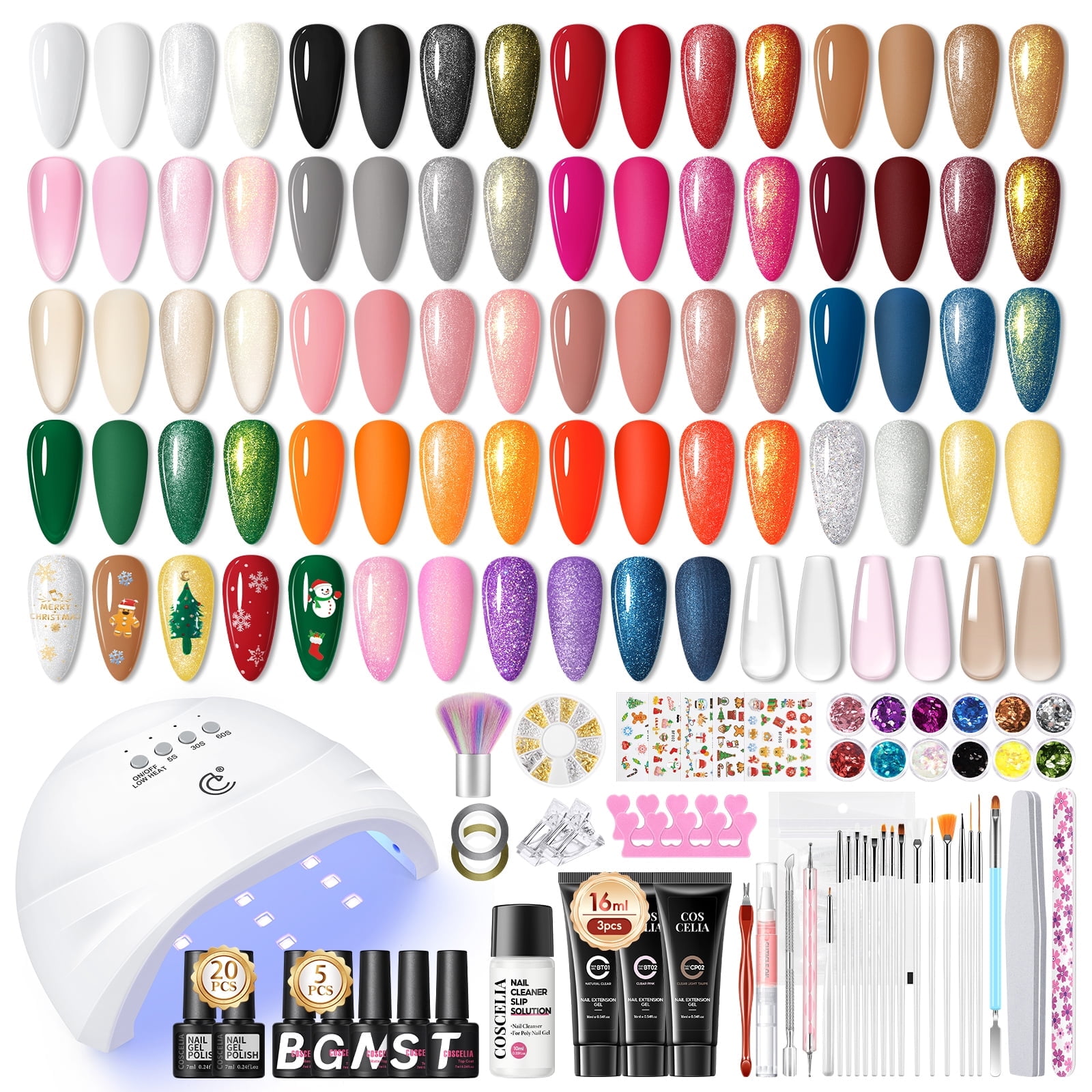 COSCELIA Gel Nail Polish Kit with U V Light 20pc Gel Polish 3pc Poly Nail Gel Glitter Decoration Powders Nail Stickers Christmas Gift Set for Women
