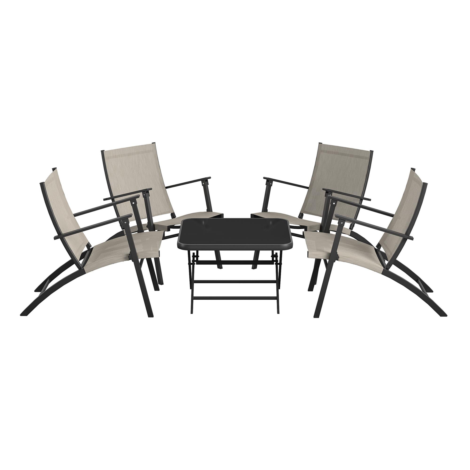 Beige and Black Steel 5-Piece Folding Sling Patio Chat Set