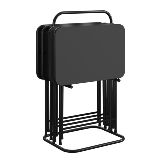 COSCO 5Piece Foldable Vinyl Top TV Tray Set, Black with Storage Rack